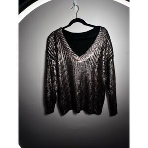 Fore Women Sweater Medium Gold Metallic Pullover V Neck, Long Sleeve